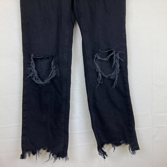 FREE PEOPLE Sz 25 Maggie Black Distressed Jeans Raw Hem Button Fly Mid Rise - Picture 4 of 8